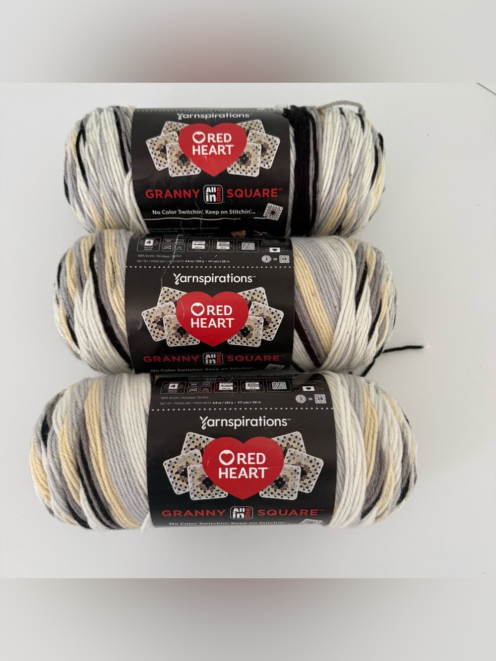 Red Heart All In One Granny Square Yarn Soft White Shadow Lot of 3 Skeins 8.8oz